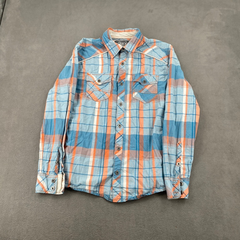 BKE Mens Standard Fit Plaid Button Down Shirt Blue Orange Long Sleeve 11344HM M